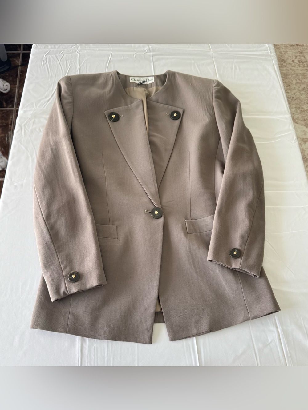 Christian Dior Vintage Wool Blazer Jacket Size 4 Taupe Brown Gold Button Detail